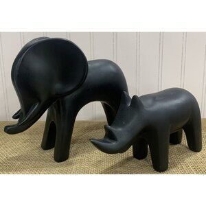 Black Wooden Rhino and Elephant Hand Carved Figurine or Paper Weight